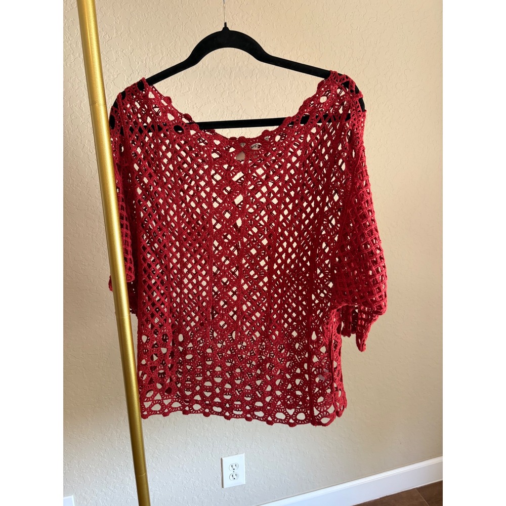 Janet Chung Red Crochet Knit Top 100% Cotton S/M Open Weave Boho Festival indie
